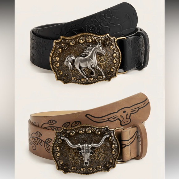 Vintage Buckle PU Leather Cowgirl Style Unisex Belt - Tan & Black - Picture 1 of 10
